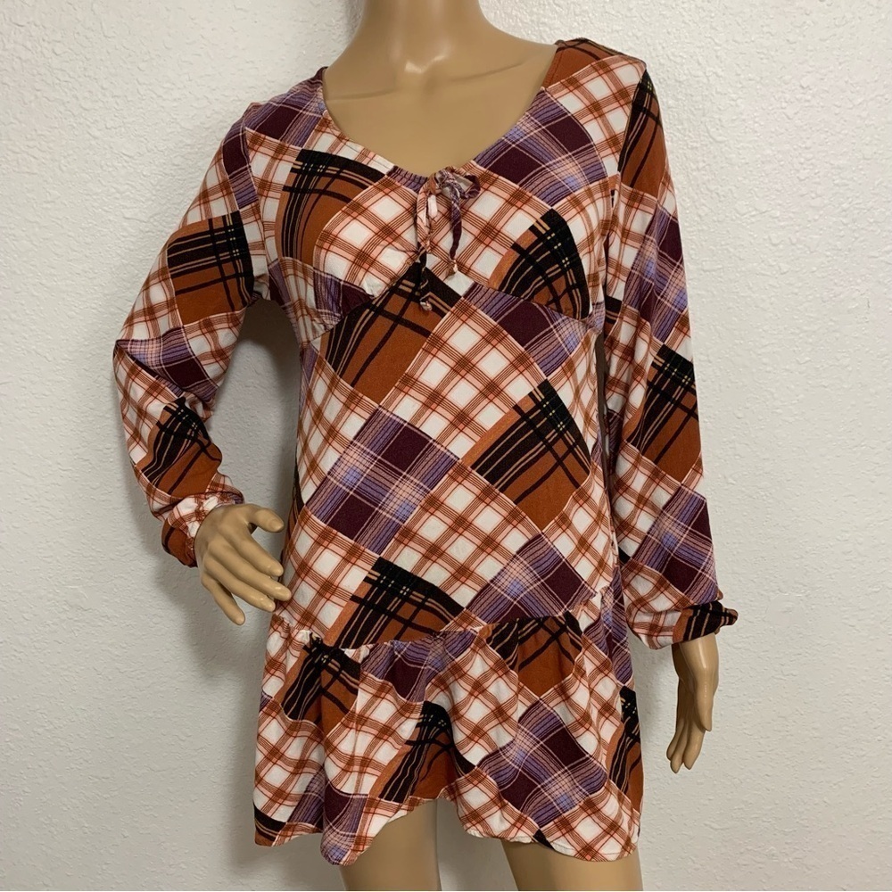 SO High Low Rayon Patchwork Plaid Tunic Top Size M